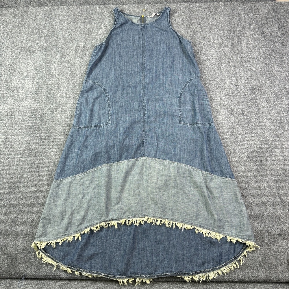 Nanette Lepore Womens Dress 12 Blue Chambray Maxi High Low Fringe Boho Linen